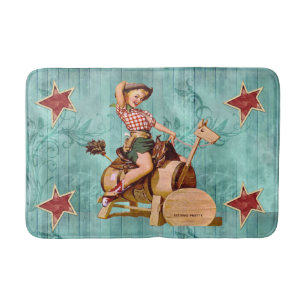 Vintage Cowgirl On Wooden Horse Western Bath Mat