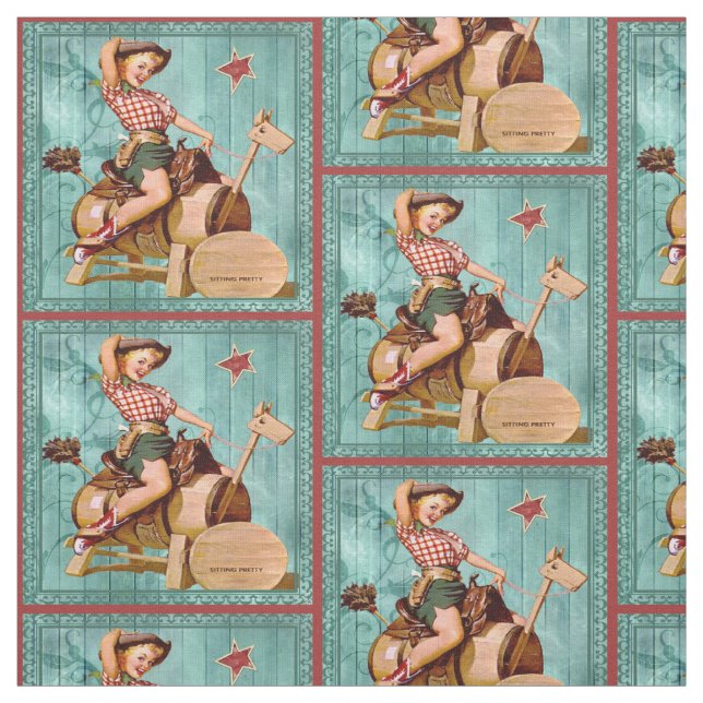Vintage Cowgirl On Wooden Horse Western Fabric (Swatch)