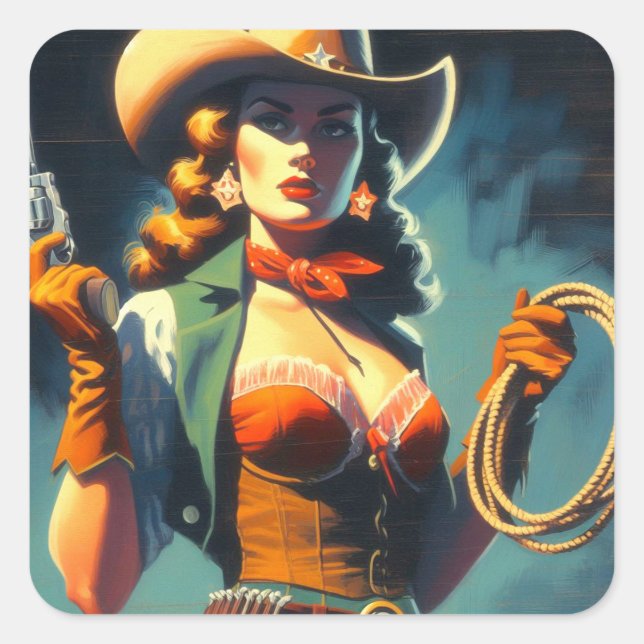 Vintage Cowgirl Painting Square Sticker (Front)