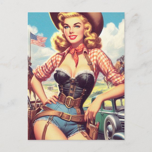 Vintage Cowgirl Pin Up Postcard (Front)