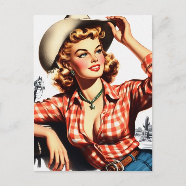 Vintage Cowgirl Pin Up Postcard (Front)
