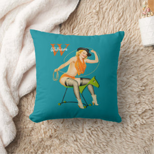 Vintage Cowgirl Pin-Up Retro Western Art with Name Cushion