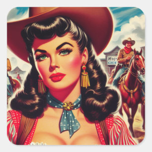 Vintage Cowgirl Pin-up Square Sticker