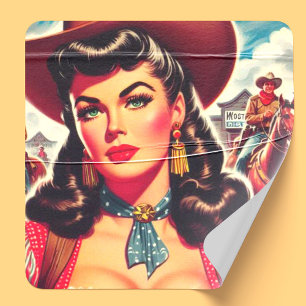 Vintage Cowgirl Pin-up Square Sticker