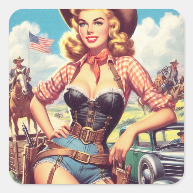 Vintage Cowgirl Pin Up Square Sticker (Front)