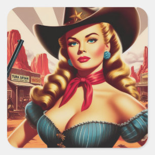 Vintage Cowgirl Pin-up Square Sticker