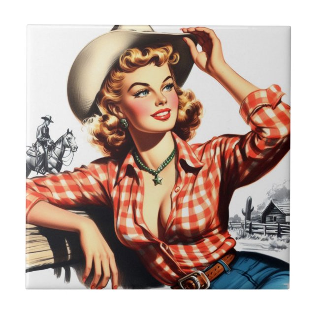 Vintage Cowgirl Pin Up Tile (Front)