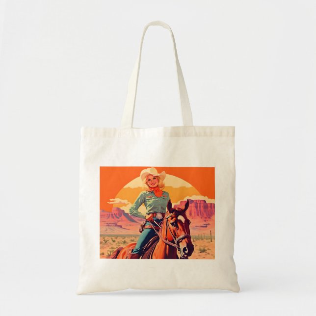 Vintage Cowgirl Riding Horse Western Tote Bag (Front)