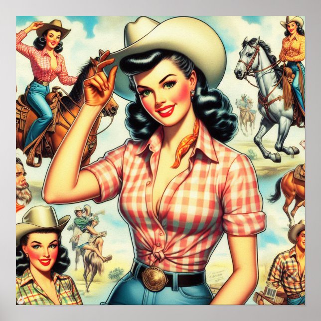 Vintage Cowgirl Seamless Illustration Poster (Front)