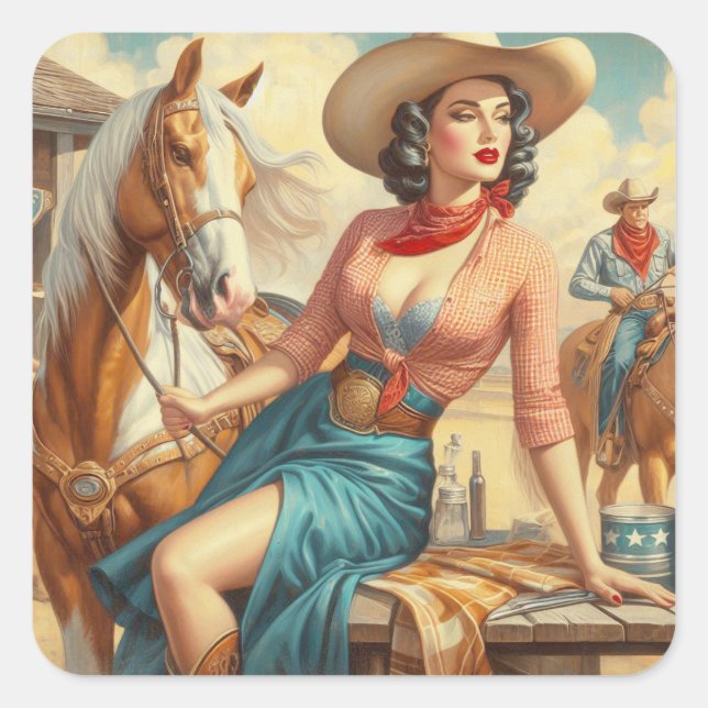Vintage Cowgirl Square Sticker (Front)