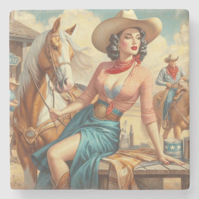 Vintage Cowgirl Stone Coaster (Front)