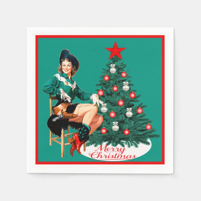 Vintage Cowgirl With Christmas Tree Merry Christma Napkin (Front)