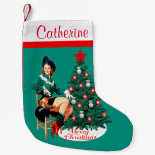 Vintage Cowgirl With Christmas Tree Merry Christma Small Christmas Stocking