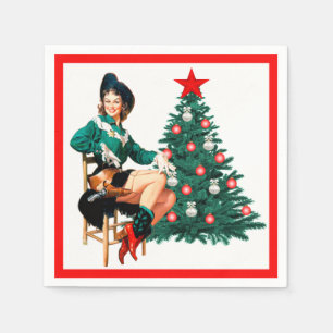 Vintage Cowgirl With Christmas Tree On White Napkin
