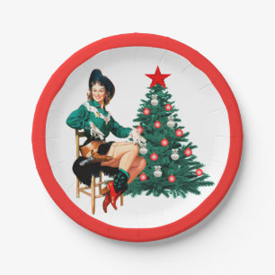 Vintage Cowgirl With Christmas Tree Red Border Paper Plate