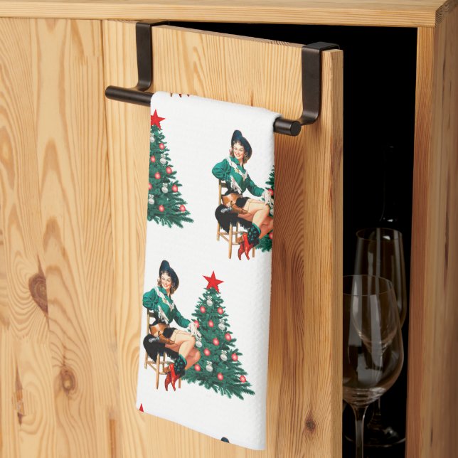 Vintage Cowgirl With Christmas Tree  Tea Towel (Thirds Fold)