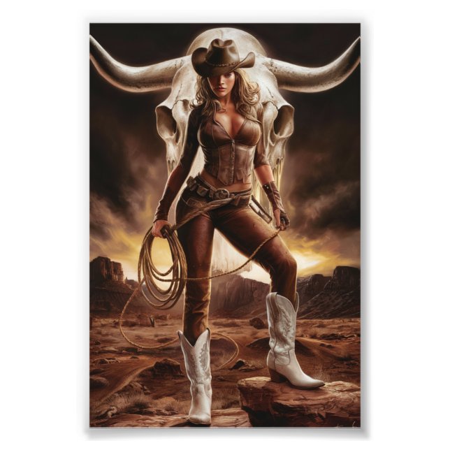 Vintage Cowgirl With Cow Skull  Photo Print (Front)