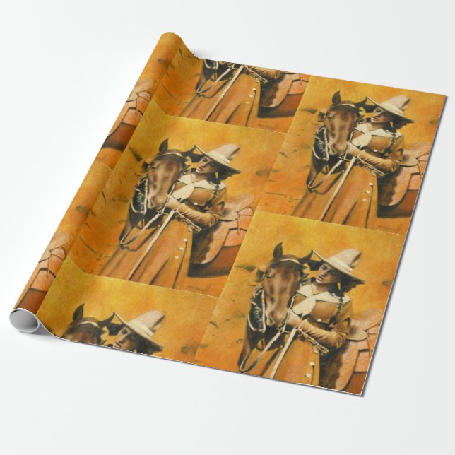 Vintage Cowgirl Wrapping Paper (Unrolled)