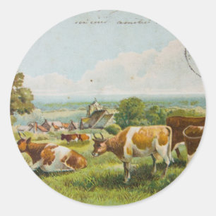Vintage Cows In A Field Postcard Classic Round Sticker