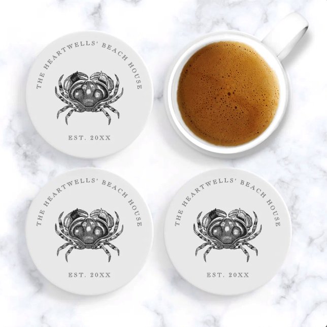 Vintage Crab Illustration Name Beach House Coaster (Creator Uploaded)