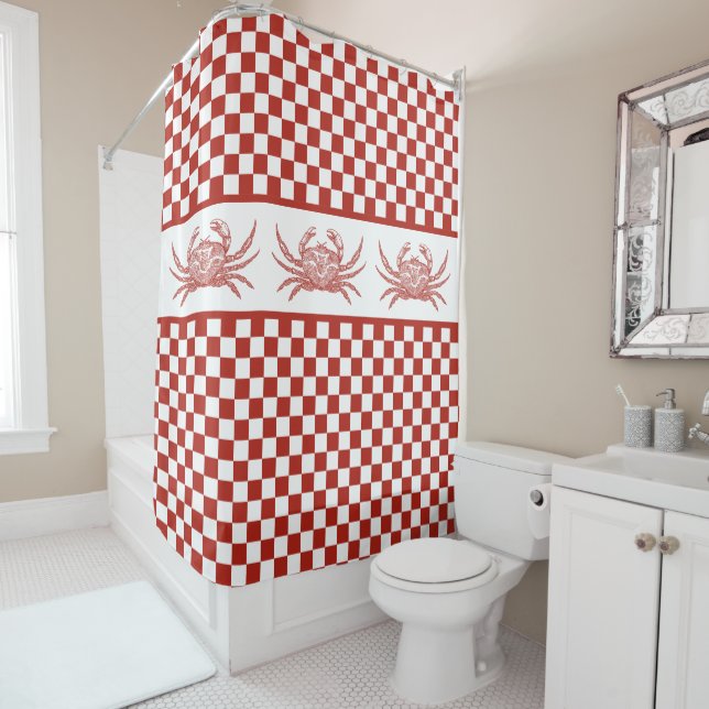 Vintage Crabs Red & White Chequerboard Shower Curtain (In Situ)