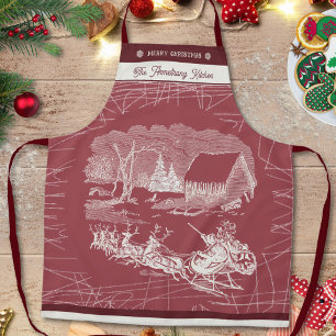 Vintage Cranberry Red Santa Sleigh Christmas Apron
