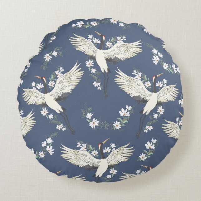 Vintage Crane: Flying Bird Pattern Round Cushion (Front)
