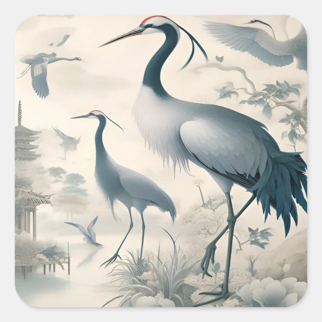 Vintage Cranes Crane Birds Wallpaper Square Sticker (Front)