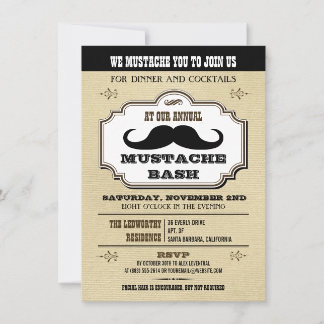 Vintage Cream and Brown Moustache Bash Invitation (Front)
