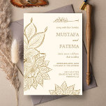 Vintage Cream and Gold Mehndi Henna Muslim Wedding Invitation<br><div class="desc">Amaze your guests with this traditional wedding invitation featuring an elegant henna art and 'Bismillah' in Arabic calligraphy on a cream background. Simply add your event details on this easy-to-use template to make it a one-of-a-kind invitation.</div>