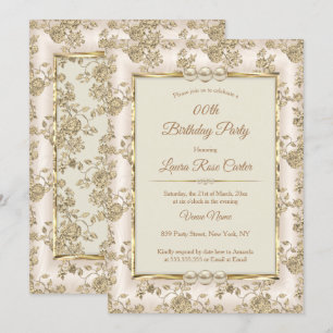 Vintage cream Beige Damask rose old Gold Birthday Invitation