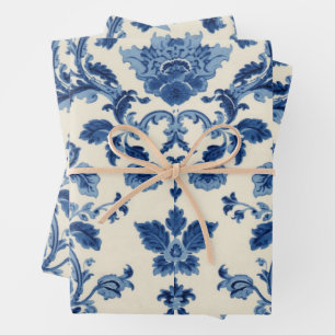 Vintage Cream Blue Damask Wrapping Paper Sheet