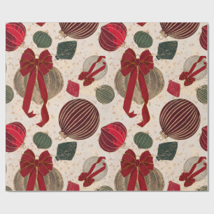 Vintage Cream Christmas Baubles & Red Bows Holiday Wrapping Paper