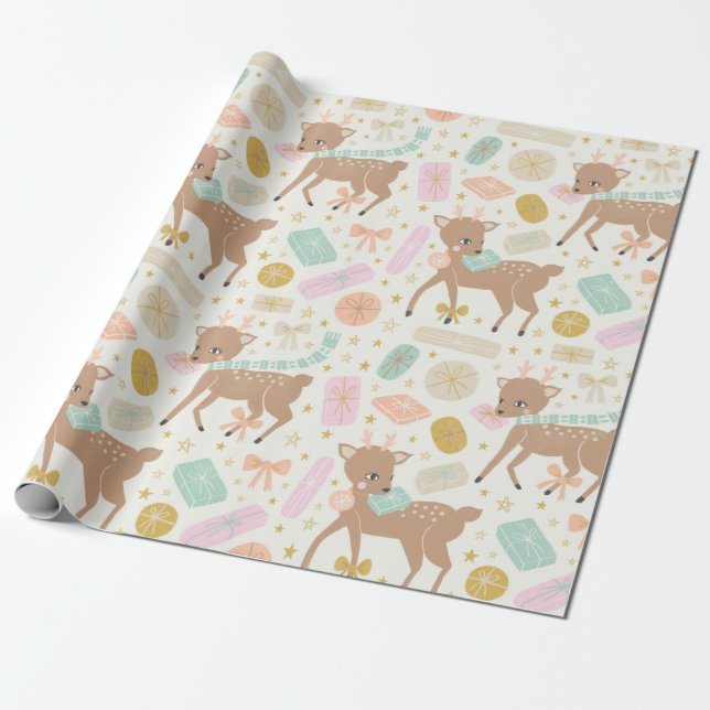 Vintage Cream Christmas reindeer illustration Wrapping Paper (Unrolled)
