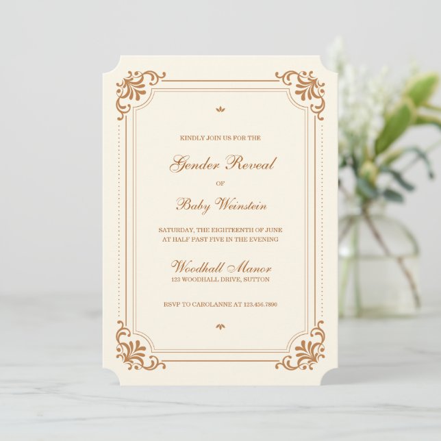 Vintage Cream Copper Frame Elegant Gender Reveal Invitation (Standing Front)