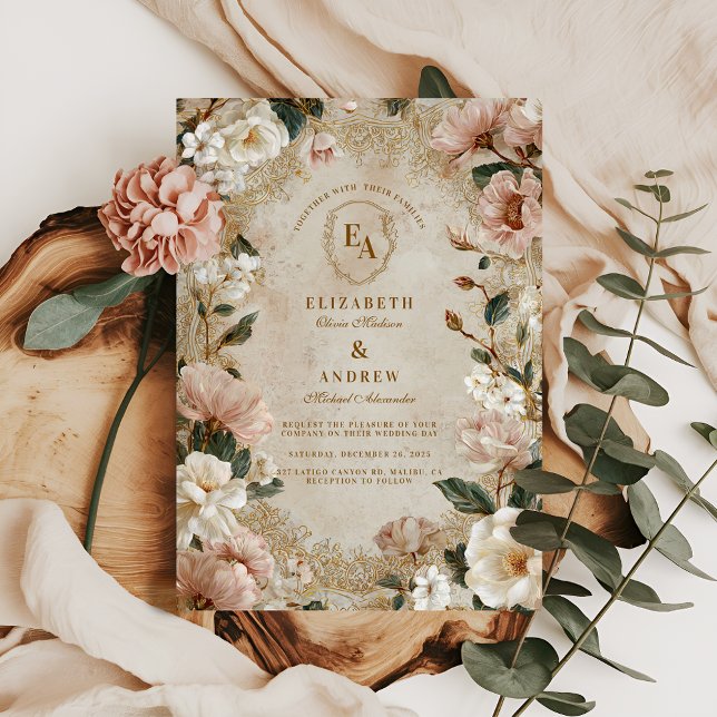 Vintage Cream Floral Country Wedding Invitation (Creator Uploaded)