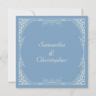 Vintage Cream Floral Frame on Dusk Blue Wedding Invitation