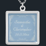 Vintage Cream Floral Frame on Dusk Blue Wedding Silver Plated Necklace<br><div class="desc">A vintage style design for your upcoming nuptials featuring a cream floral swirl frame on a dusk blue background. The text is fully customisable for your own special occasion. This elegant design coordinates with the Vintage Cream Floral Frame on Dusk Blue Wedding Collection. If you need assistance with the customisation...</div>