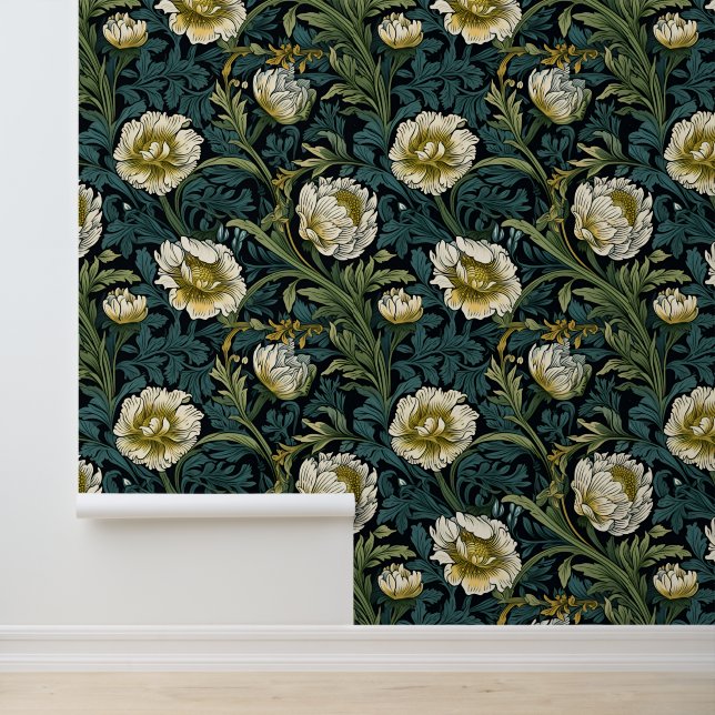 Vintage Cream Floral Teal Green Wallpaper (Application)
