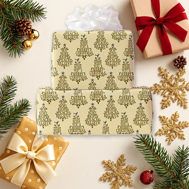 Vintage Cream Holiday Tree Script Wrapping Paper (Creator Uploaded)