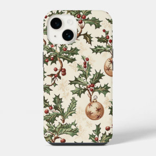 Vintage Cream Holly Berry Gold Bauble Christmas iPhone 14 Case