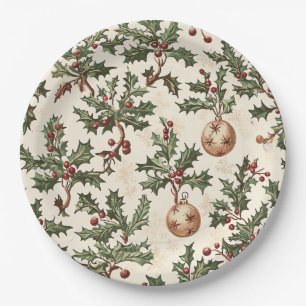 Vintage Cream Holly Berry Gold Bauble Christmas Paper Plate