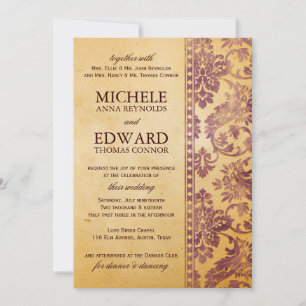 Vintage Cream & Lilac Damask Wedding Invitation