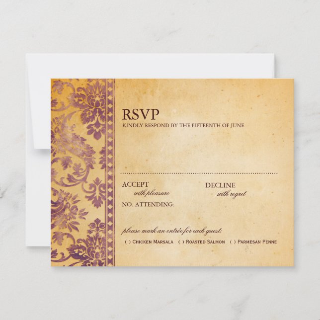 Vintage Cream & Lilac Damask Wedding RSVP Card (Front)