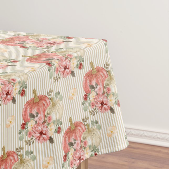 Vintage Cream Red Pumpkin Autumn Fall Stripe Tablecloth (In Situ)