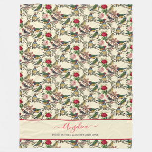 Vintage Cream Red Victorian Floral Birds Fleece Blanket