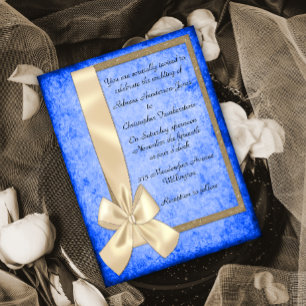 Vintage Cream Ribbon on Blue Wedding Invitations