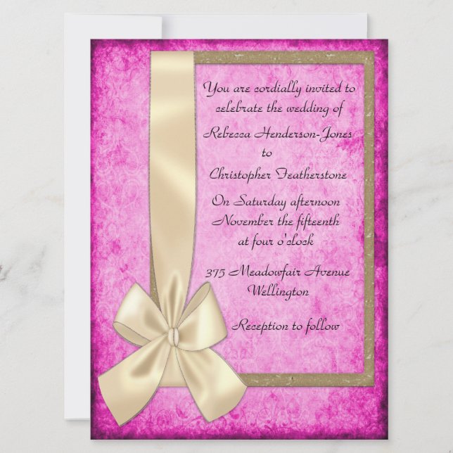 Vintage Cream Ribbon on Pink Wedding Invitations (Front)