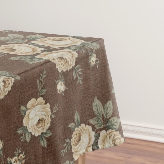 Vintage Cream Roses on Mocha Brown Pattern Tablecloth (In Situ)