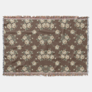 Vintage Cream Roses on Mocha Brown Pattern Throw Blanket